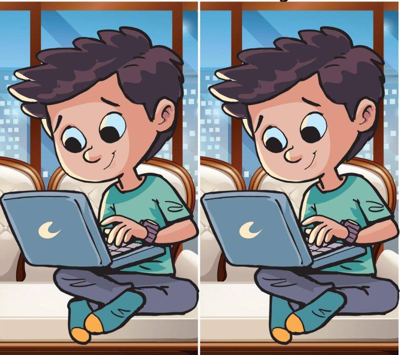 Trova la differenza in 15 secondi tra le due immagini del ragazzo seduto sul divano, concentrato sul suo lavoro.