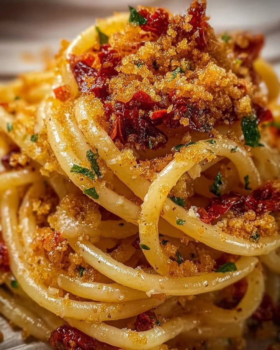spaghettoni aglio, olio e peperoncino con pomodori secchi e mollica croccante