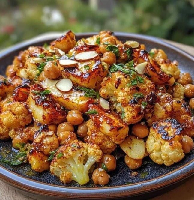 Cavolfiore arrosto in salsa al miele e curry, halloumi grigliato e ceci croccanti