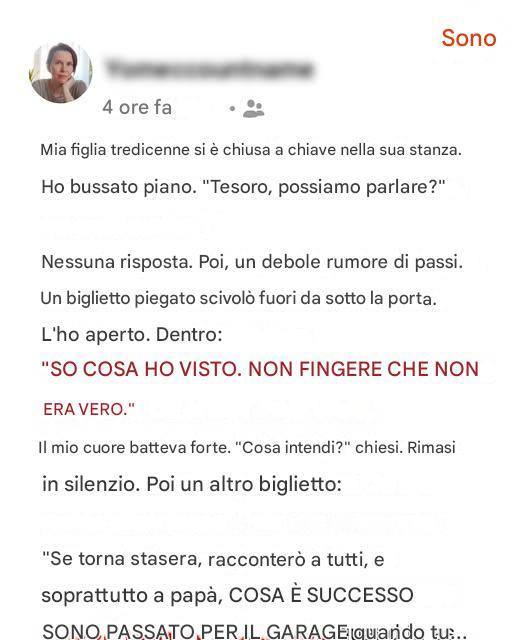 Mia figlia si è chiusa nella sua strofa dicendo: « So cosa ho visto ». Ho scoperto il perché dopo che mi ha dato un ultimatum.