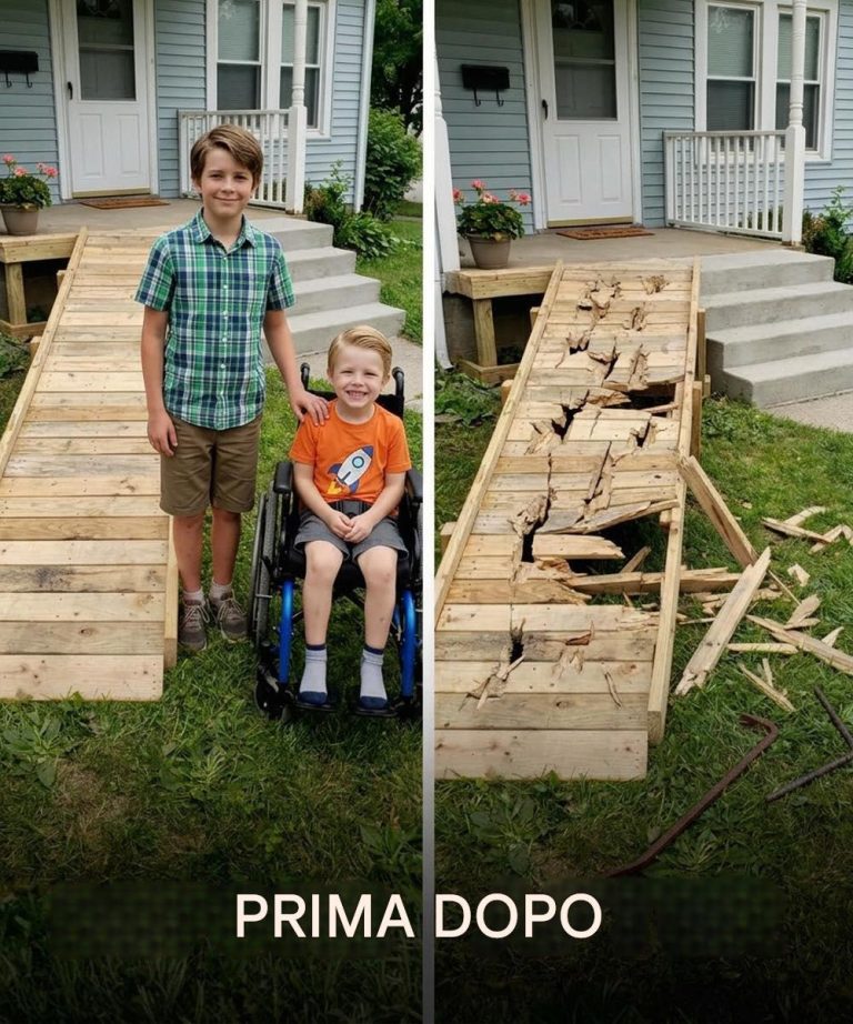 Mio figlio ha costruito una rampa per il bambino della porta accanto, così che potesse finalmente uscire a giocare. Poi una vicina arrogante l'ha distrutta, dicendo che "rovinava la vista", ma non aveva idea di cosa sarebbe successo il giorno dopo.  Mio figlio Ethan ha 12 anni.  È il tipo di bambino che non riesce a ignorare un'ingiustizia.  Il bambino della porta accanto, Caleb, ha 9 anni.  È costretto su una sedia a rotelle.  Passa sempre il tempo seduto in veranda a guardare gli altri bambini giocare.  Senza mai unirsi a loro.  Un pomeriggio, Ethan mi ha chiesto: "Mamma... perché Caleb non scende mai?".  Così siamo andati dalla vicina.  Quattro ripidi gradini.  Nessuna rampa.  Nessun modo per scendere.  La mamma di Caleb ha detto che stavano risparmiando per comprarne una da più di un anno. L'assicurazione non la copriva.  Quella sera, Ethan ha iniziato a disegnare.  Suo padre, morto tre mesi fa, gli aveva insegnato a costruire.  Il giorno dopo, usò tutti i soldi che aveva risparmiato per una bicicletta nuova per comprare il materiale.  Lavorò per tre giorni.  Dopo la scuola. Fino al tramonto.  Misurando. Tagliando. Levigando.  Quando ebbe finito, la portammo e la montammo insieme.  Non era perfetta.  Ma funzionava.  Per la prima volta, Caleb scese sul marciapiede.  L'espressione sul suo viso...  pura gioia.  I bambini si radunarono intorno a lui.  Rideva.  Giocava.  La mattina dopo, delle urla mi svegliarono.  Corsi fuori...  e rimasi paralizzata.  Una donna del vicinato era lì, furiosa.  "Questo è uno scempio!" sbottò.  Prima che potessimo reagire, afferrò una sbarra di metallo...  e distrusse la rampa.  Il legno si spezzò.  Caleb urlò.  Ethan rimase immobile. Non si fermò finché non crollò.  Poi lasciò cadere la sbarra.  "Ripara il tuo pasticcio", disse freddamente.  Caleb era di nuovo in veranda.  A guardare.  Di nuovo.  Pensavo che quella fosse la parte peggiore.  Fino alla mattina seguente.  Quando un lungo SUV nero si fermò lentamente davanti a casa sua...  seguito da altri due.  Uscirono degli uomini in giacca e cravatta.  Seri. Silenziosi.  Non vicini.  Non poliziotti.  Uno di loro si diresse dritto alla sua porta e bussò.  Quando lei aprì, sorridendo come se nulla fosse accaduto...  lui disse qualcosa che non riuscii a sentire.  Ma vidi la sua espressione cambiare.  Il suo sorriso svanì.  Le sue spalle si abbassarono.  E nel momento in cui sentì a chi era imparentato il piccolo Caleb...  le sue mani iniziarono a tremare. Envoyer des commentaires